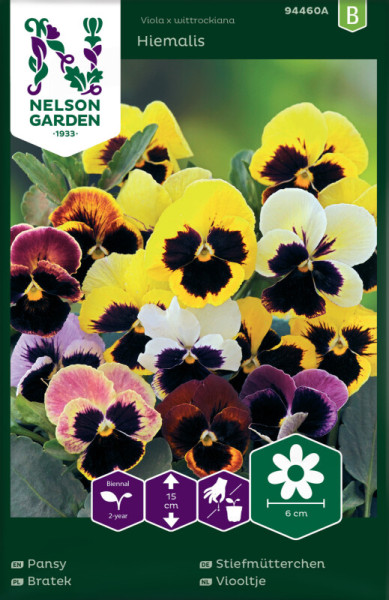 Produktbild von Nelson Garden Stiefmütterchen Hiemalis Samen mit bunten Blumenabbildungen und Pflegehinweisen auf der Verpackung
