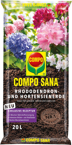 Produktbild von COMPO SANA Rhododendron- und Hortensienerde 20l mit Abbildungen blühender Pflanzen und Informationen zu exklusiver Rezeptur für Nährstoffversorgung und Wurzelwachstum.
