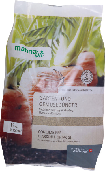 Produktbild von MANNA Bio Garten und Gemüsedünger 15kg Verpackung mit Hinweisen auf natürliche Nahrung für Gemüse, Blumen und Stauden sowie Mengenangabe und Bodenaktivitätsförderung.