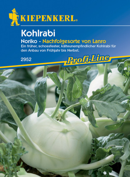 Produktbild von Kiepenkerl Kohlrabi Noriko mit Beschreibung einer frühen schossfesten kälteunempfindlichen Sorte für den Anbau von Frühjahr bis Herbst auf deutsch.