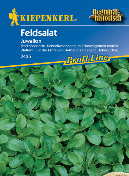 Produktbild von Kiepenkerl Feldsalat Juwallon mit Beschreibung der schnellwachsenden Sorte dunkelgrüne ovale Blätter und Erntezeit von Herbst bis Frühjahr.