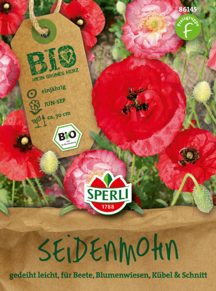 Produktbild von Sperli BIO Seidenmohn Verpackung mit roten Blumen und Informationen zu Einjährigkeit, Aussaatzeit und Wuchshöhe sowie Hinweisen für optimale Wachstumsbedingungen.