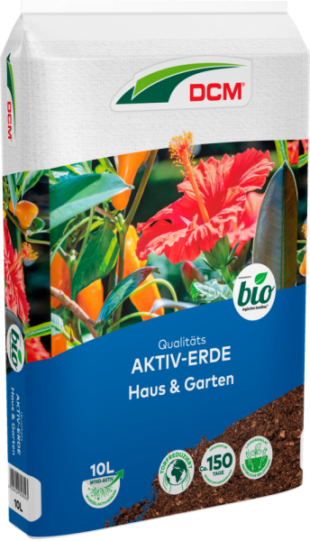 Produktbild von Cuxin DCM Aktiv-Erde Haus & Garten 10l Verpackung mit Pflanzenbild und Produktinformationen in deutscher Sprache.
