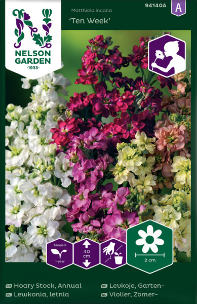 Produktbild von Nelson Garden Gartenlevkoje Ten Week mit bunten Blumen und Informationen zur Pflanze und Pflanzanleitung auf der Verpackung.