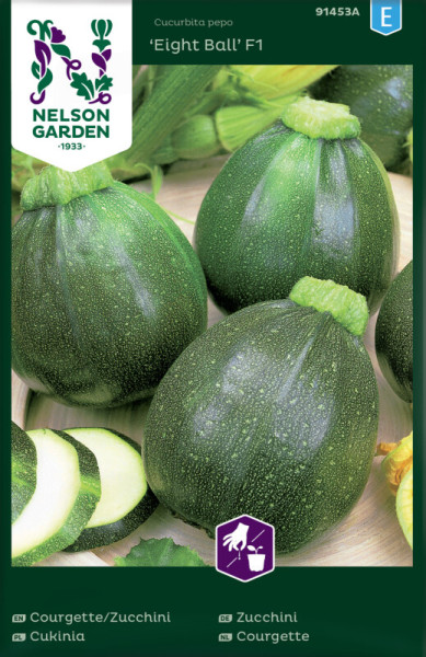 Produktbild von Nelson Garden Zucchini Eight Ball F1 mit Darstellung runder grüner Zucchini und angeschnittener Früchte auf der Verpackung.