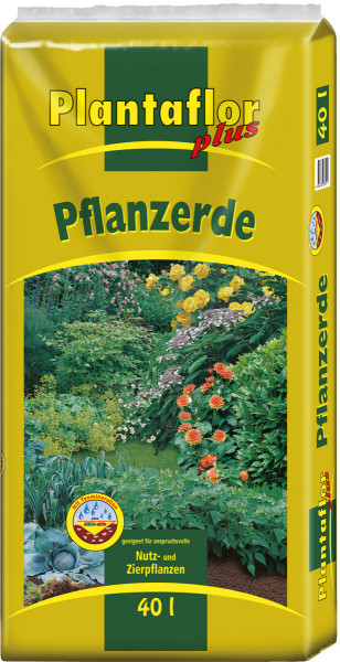 Produktbild von Plantaflor Pflanzerde 40l Verpackung mit Blumen- und Pflanzenmotiv und Angaben geeignet für anspruchsvolle Nutz- und Zierpflanzen.