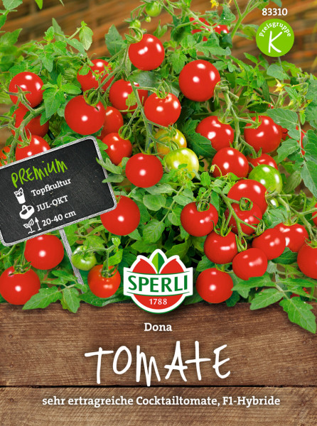 Produktbild von Sperli Cherry-Tomate Dona, F1-Hybride mit reifen roten Früchten an der Pflanze, Preisgruppen-Kennzeichnung, Firmenlogo und Hinweisen auf Erntezeit und Pflanzabstand in deutscher Sprache.
