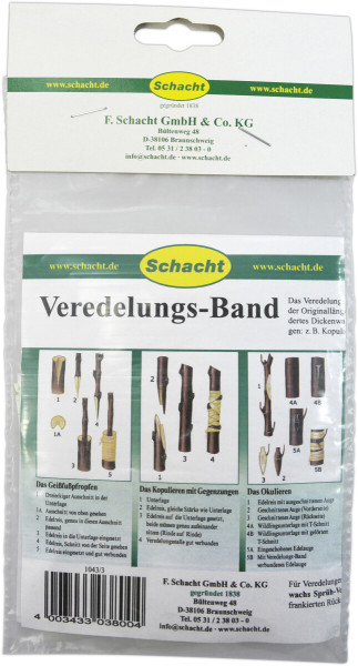 Produktbild von Schacht Veredelungsband mit 10 Stück auf einer Karte, zeigt verschiedene Veredelungstechniken und Anleitungen in deutscher Sprache.