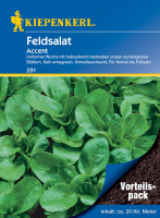 Produktbild von Kiepenkerl Feldsalat Accent Vorteilspack zeigt die Verpackung mit grünem Feldsalat Bild, Beschreibung des Wuchses und Hinweis auf Erntesaison...