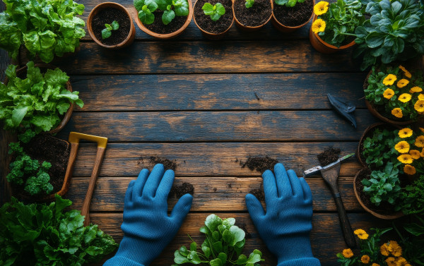 large-gardening-activity-with-gloves-in-a-wooden-workspace-surrounded-by-plants-and-tools-during-daylight