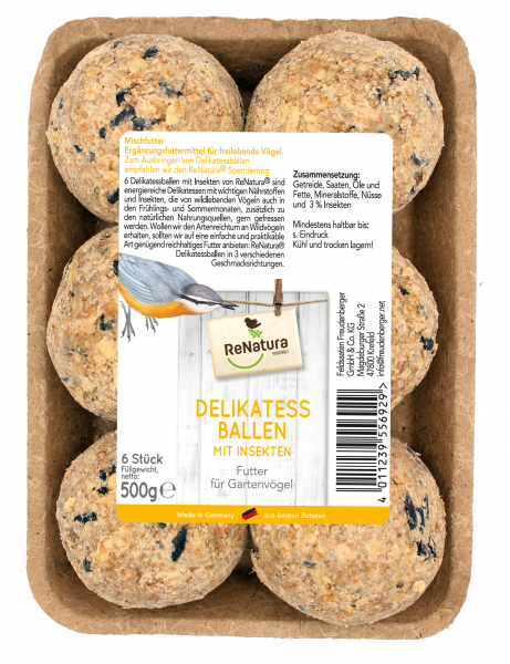 Produktbild der ReNatura Delikatessballen mit Insekten fuer Gartenvoegel 500g ohne Netz mit Produktinformationen und Zutatenliste auf der Verpackung in deutscher Sprache.