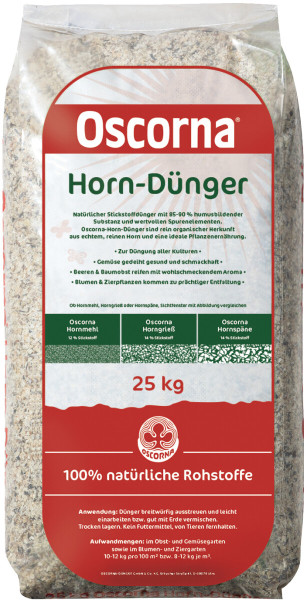 Produktbild von Oscorna-Hornspäne im 25kg Sack mit Angaben zu 100 Prozent natürlichen Rohstoffen und Anwendungshinweisen auf Deutsch.