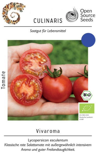 Produktbild von Culinaris BIO Freilandtomate Vivaroma mit einer aufgeschnittenen und ganzen Tomate in der Hand und dem Bio-Siegel.