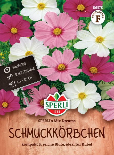Produktbild von Sperli Schmuckkörbchen SPERLIs Mix Dreams mit verschiedenen farbigen Blumen und Detailangaben zur Einjährigkeit und Schnittblume sowie Markenlogo und Produktbezeichnung.