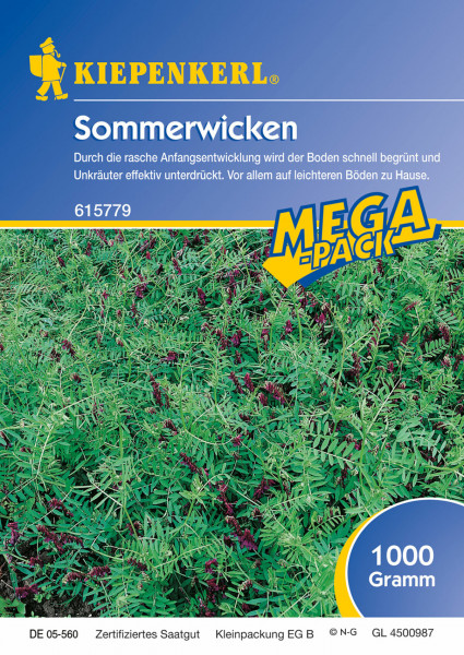 Produktbild von Kiepenkerl Sommerwicken 1 kg Verpackung mit Abbildung der Pflanzen und Informationen zur Aussaat auf Deutsch.