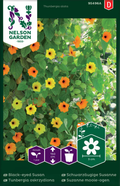 Produktbild von Nelson Garden Schwarzäugige Susanne Saatgutverpackung mit Blumenabbildungen und Anbauinformationen.