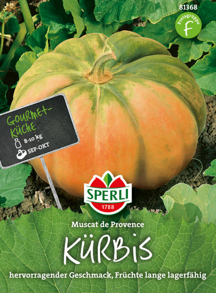 Produktbild von Sperli Kürbis Muscat de Provence mit reifem Kürbis auf Erde und Blättern, Preisschild und Informationen zu Gewicht, Erntezeit und Lagerfähigkeit.
