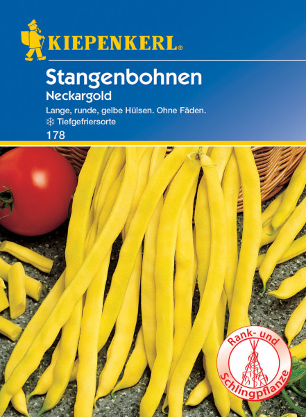 Produktbild von Kiepenkerl Stangenbohnen Neckargold mit Darstellung der gelben Bohnen Sorte und Verpackungsdesign samt Markenlogo und Hinweis auf Tiefgefriersorte.