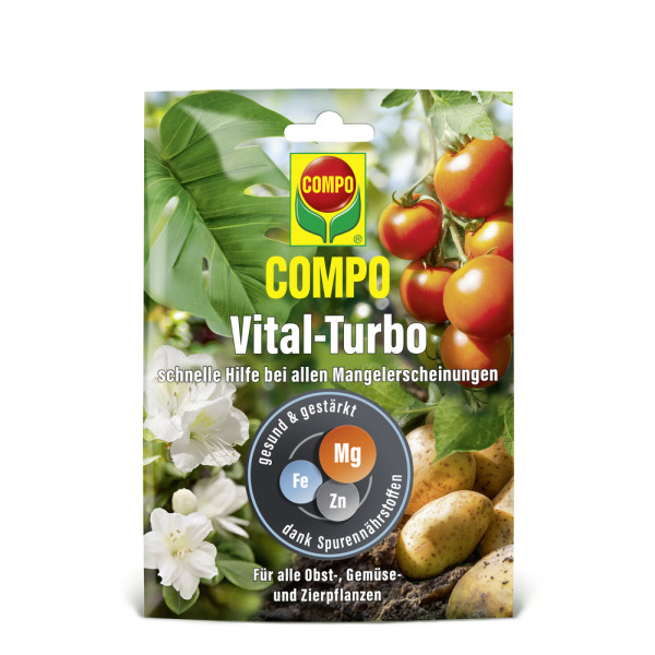 Produktbild von COMPO Vital-Turbo 20g Düngemittel mit Abbildungen von Tomaten, Blüten und Kartoffeln und Hinweisen zur Anwendung für Obst, Gemüse und Zierpflanzen.