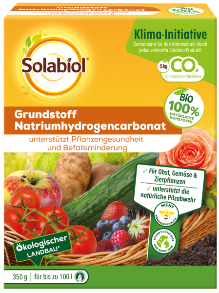 Produktbild von Solabiol Grundstoff Natriumhydrogencarbonat mit 350g Verpackung, Hinweisen zu Klimaschutzengagement, Einsatz für Obst, Gemüse und Zierpflanzen sowie Siegeln für biologische und ökologische Landwirtschaft.
