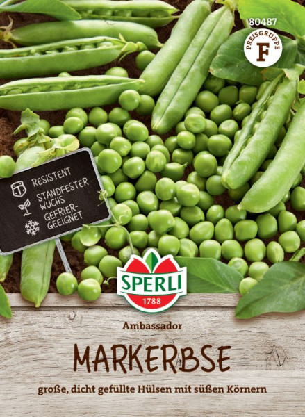 Produktbild von Sperli Markerbse Ambassador mit Darstellung grüner Erbsen und Hülsen sowie Produktinformationen auf Holzuntergrund.