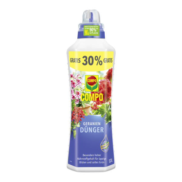 Produktbild von COMPO Geraniendünger Flasche mit Angaben zu 30 Prozent mehr Inhalt und Hinweisen auf den hohen Nährstoffgehalt für Blüten und Blattgrün in deutscher Sprache.
