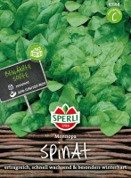 Produktbild von Sperli Spinat Monnopa mit Darstellung von Spinatpflanzen und einer Tafel auf der bewährte Sorte, resistent steht sowie Angaben zu...