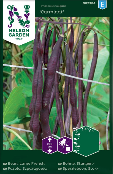 Produktbild von Nelson Garden Stangenbohne Carminat mit Abbildung der dunkelvioletten Bohnen an der Pflanze und Verpackungsinformationen in verschiedenen Sprachen.