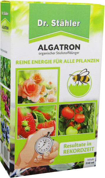 Produktbild von Dr. Stähler Algatron 250 ml mit der Aufschrift organischer Stickstoffdünger und Bildern von Pflanzen, einer Biene und einer Stoppuhr, die schnelle Ergebnisse symbolisiert.