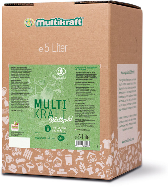 Produktbild von Multikraft Blattgold in einer 5-Liter Bag-in-Box Verpackung mit Informationen und Anwendungsanleitung in deutscher Sprache.