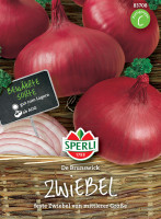 Produktbild von Sperli Zwiebel De Brunswick Verpackung mit roten Zwiebeln und Schriftzug feste Zwiebel von mittlerer Große sowie dem Logo und Informationen... Produktbild von Sperli Zwiebel De Brunswick Verpackung mit roten Zwiebeln und Schriftzug feste Zwiebel von mittlerer Große sowie dem Logo und Informationen zur Sorte in deutscher Sprache.