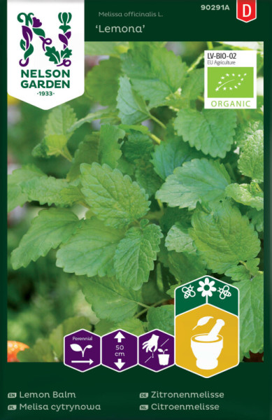 Produktbild von Nelson Garden BIO Zitronenmelisse Lemona mit Pflanzenbild und Bio-Siegel sowie Anbauinformationen in verschiedenen Sprachen.