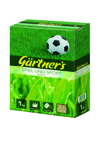 Produktbild von Gaertners Spiel- und Sportrasensamen 1kg mit Darstellung der Verpackung Informationen zu Anwendungsflaeche und Aussaatzeitraum.