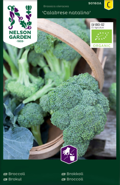 Produktbild von Nelson Garden BIO Brokkoli Calabrese Natalino Samenpaket mit grünem EU-Bio-Logo und Bildern von Brokkolipflanzen.
