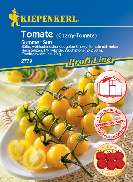 Produktbild von Kiepenkerl Cherry-Tomate Summer Sun F1 mit Abbildung gelber Cherry-Tomaten auf einem Teller und Produktinformationen.