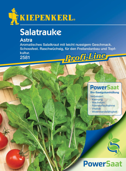 Produktbild der Kiepenkerl Salatrauke Astra PowerSaat Verpackung mit Informationen über aromatisches Salatkraut und Hinweise zu raschem Wachstum und Eignung für Freilandbau und Topfkultur.