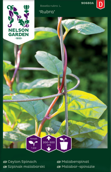 Produktbild von Nelson Garden Malaberspinat Rubra Saatgutverpackung mit Bild der Pflanze und Angaben zu Wuchshöhe und Pflanzentyp in verschiedenen Sprachen.