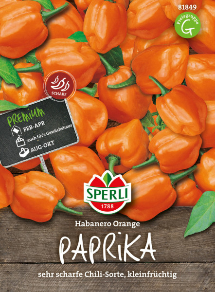 Produktbild von Sperli Paprika Habanero Orange mit Darstellung der orangefarbenen Chilis, Informationen zur Aussaat und der Kennzeichnung als sehr scharfe Chili-Sorte.