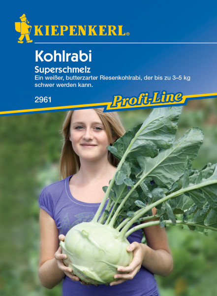 Produktbild von Kiepenkerl Kohlrabi Superschmelz mit einer Person die einen großen Kohlrabi hält und Informationen zum Gewicht und Qualität der Samen