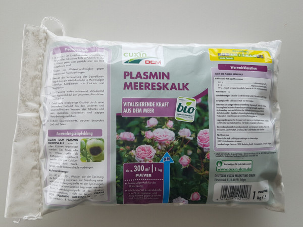 Produktbild von Cuxin DCM Plasmin Meereskalk Pulver in 1-kg-Verpackung mit Produktbeschreibung und Anwendungsempfehlungen in deutscher Sprache.
