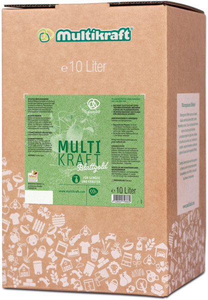 Produktabbildung der Multikraft Blattgold Bag in Box Verpackung mit 10 Liter Inhalt für Gemüse und Kräuter mit Informationen und Herstellerlogo.