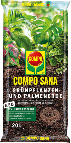 Produktbild von COMPO SANA Grünpflanzen- und Palmenerde 20l mit der Darstellung der Verpackung, Informationen zu den Produkteigenschaften und der Qualitatsgarantie auf deutsch.