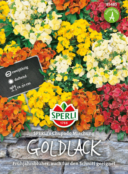 Produktbild von SPERLI Goldlack SPERLIs Chupado Mischung mit bunten Blumen und Informationen zu Zweijährigkeit Duft und Größe auf einem Pflanzenschild sowie das SPERLI Logo.