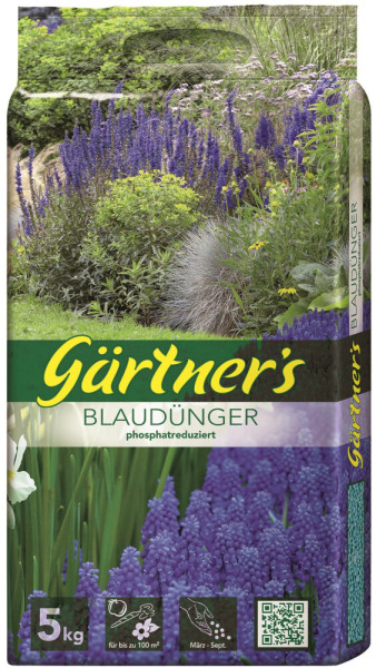 Produktbild von Gärtners Blaudünger phosphatreduziert in einer 5kg Packung mit Bildern eines blühenden Gartens und Anwendungszeitraum von März bis September.