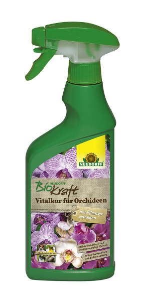 Produktbild der Neudorff BioKraft Vitalkur für Orchideen AF 500ml in einer grünen Handsprühflasche mit Beschriftung und Abbildungen von Orchideen.