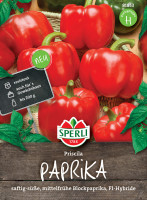 Produktbild von Sperli Paprika Priscila F1 Verpackung mit roten Blockpaprikafrüchten Kennzeichnung als Neu und Informationen zur Resistenz und Eignung für...