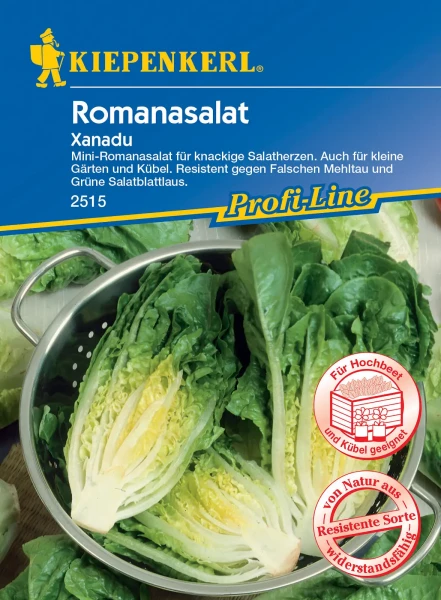 Produktbild von Kiepenkerl Romanasalat Xanadu mit Darstellung des Salatkopfs und Verpackungsinformationen zur Sorte und deren Eigenschaften.