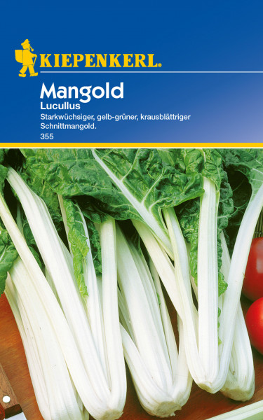 Produktbild von Kiepenkerl Mangold Lucullus mit der Darstellung von gelb-grünem krausblättrigem Schnittmangold und der Markenbezeichnung.