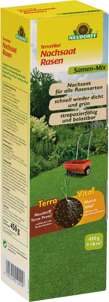 Produktbild von Neudorff TerraVital NachsaatRasen 450g Verpackung mit Anweisungen und Informationen auf Deutsch sowie Abbildungen eines grünen Rasens und einer Rasenpflanze mit Wurzeln.