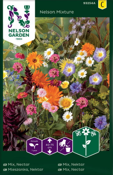Produktbild Nelson Garden Nektar Mix Samenpackung mit Abbildung von bunten Blumen und Produktinformationen in verschiedenen Sprachen